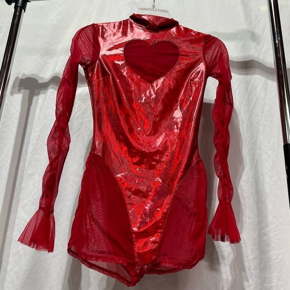 Foreplay Red Heart Cutout Bodysuit With Flare Wrist Sleeves NWT Woman's XS/Small